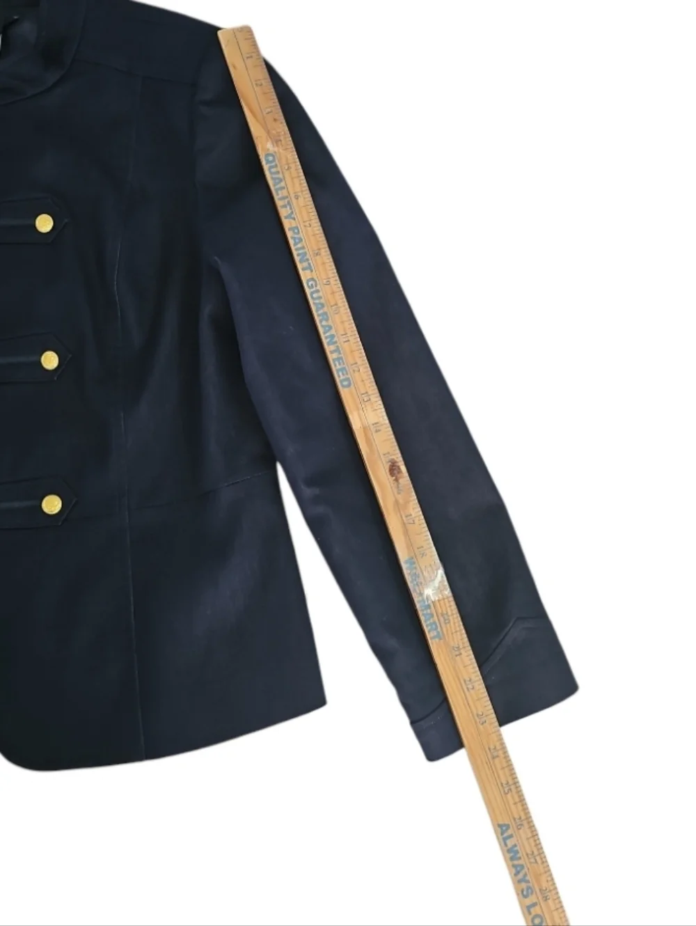Sharon Young Dark Denim Stretch Military Jacket Gold Button Open Front Sz 12